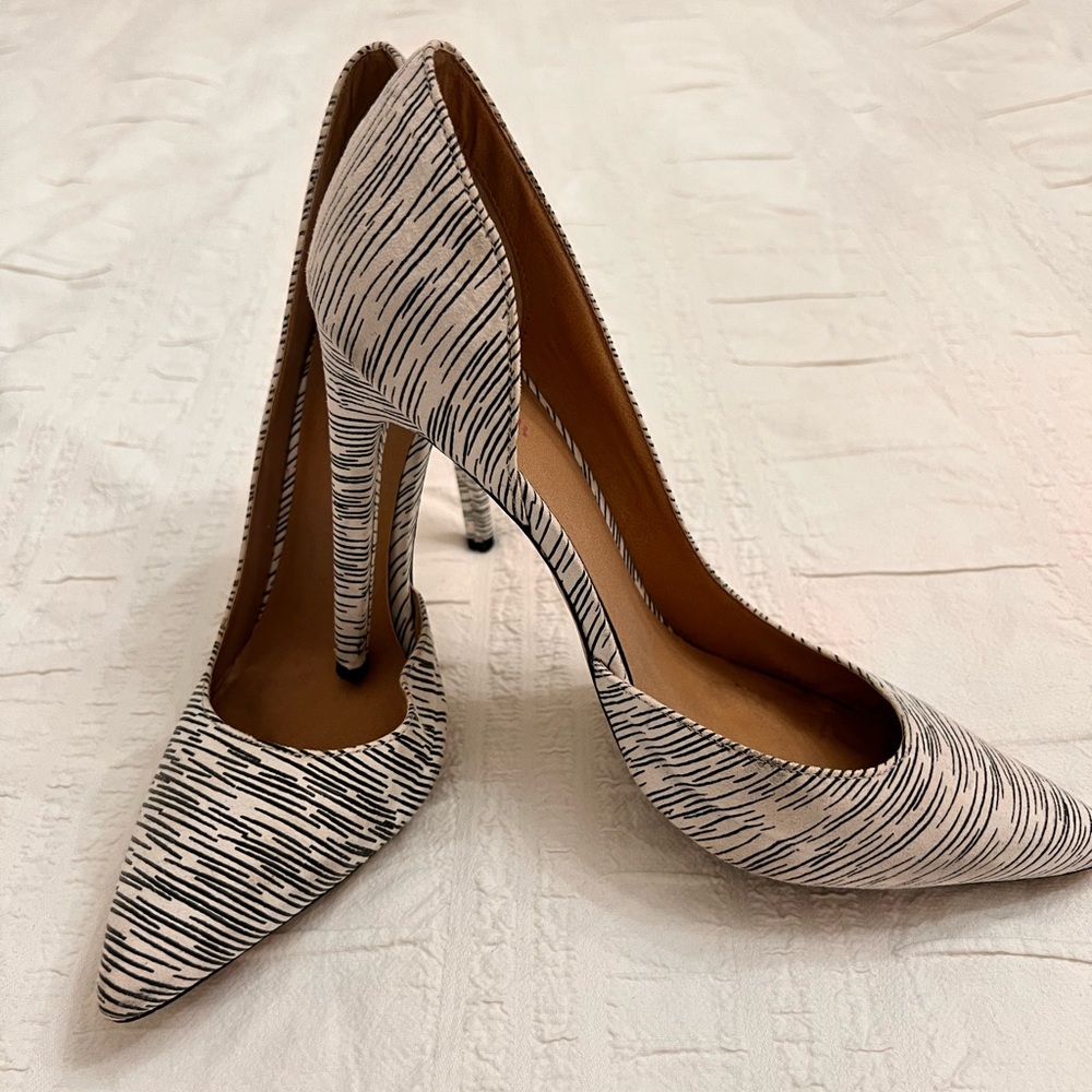 Black and white striped heels, size 10